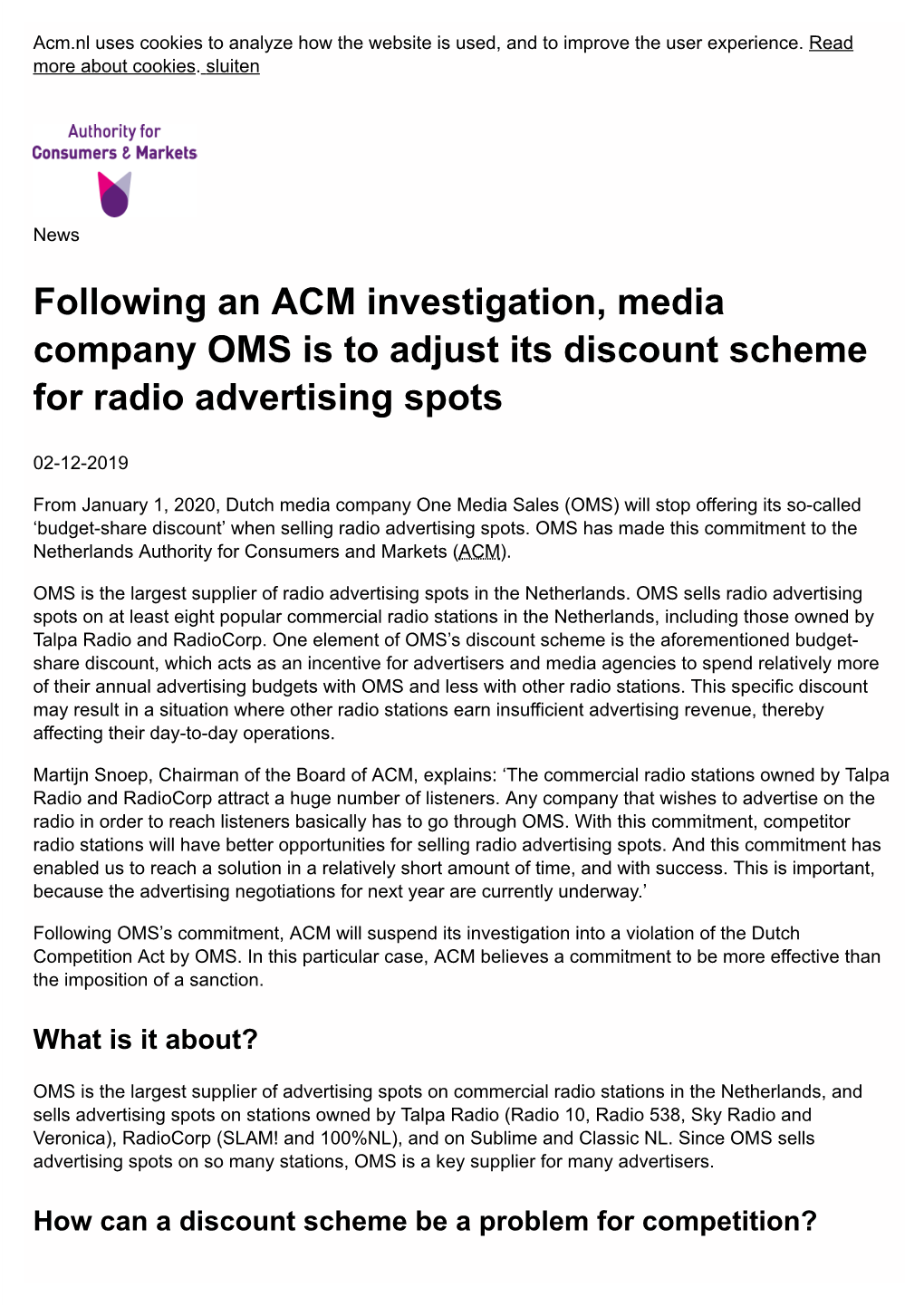 Following an ACM Investigation, Media Company OMS Is to Adjust Its Discount Scheme for Radio Advertising Spots