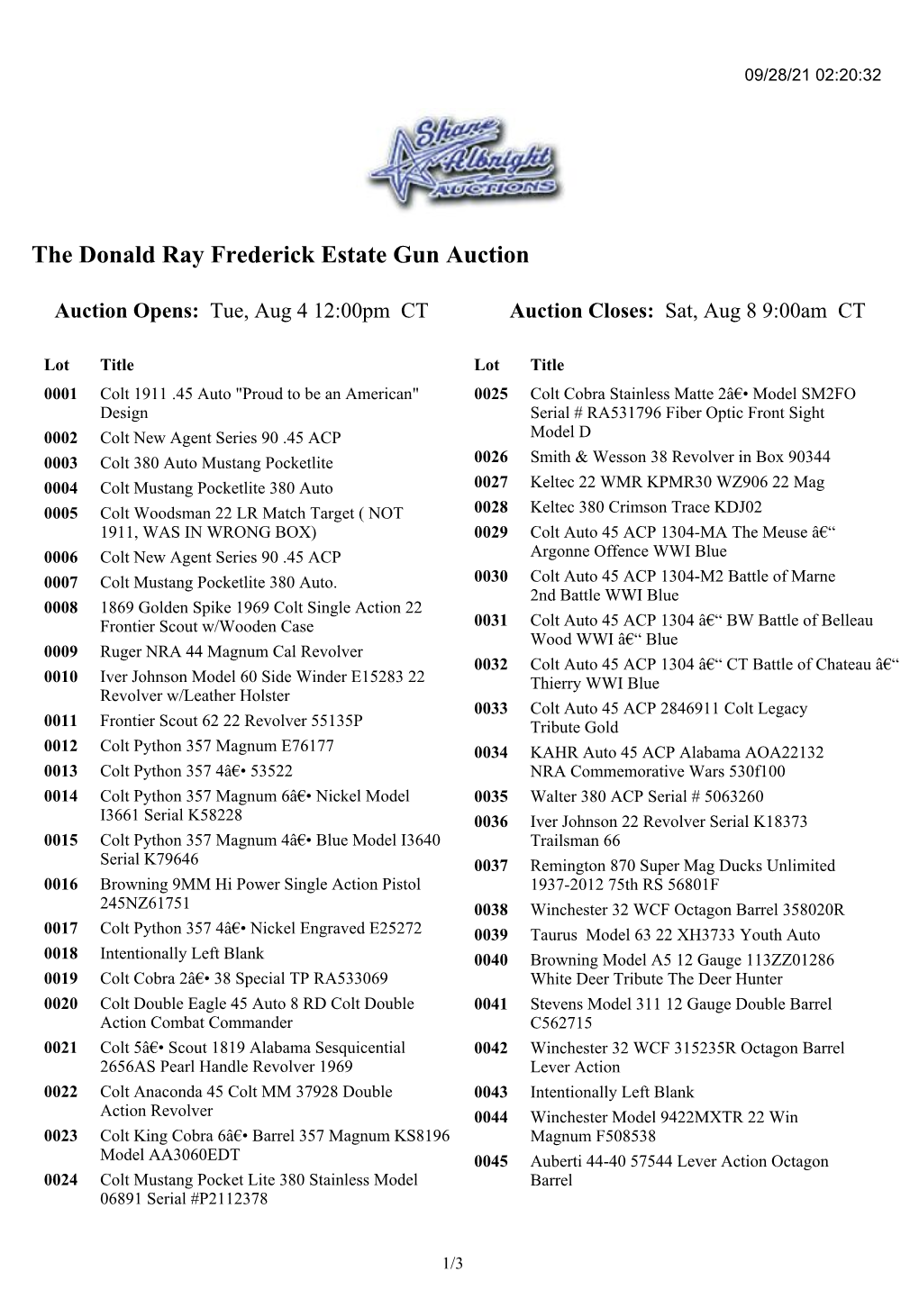 The Donald Ray Frederick Estate Gun Auction