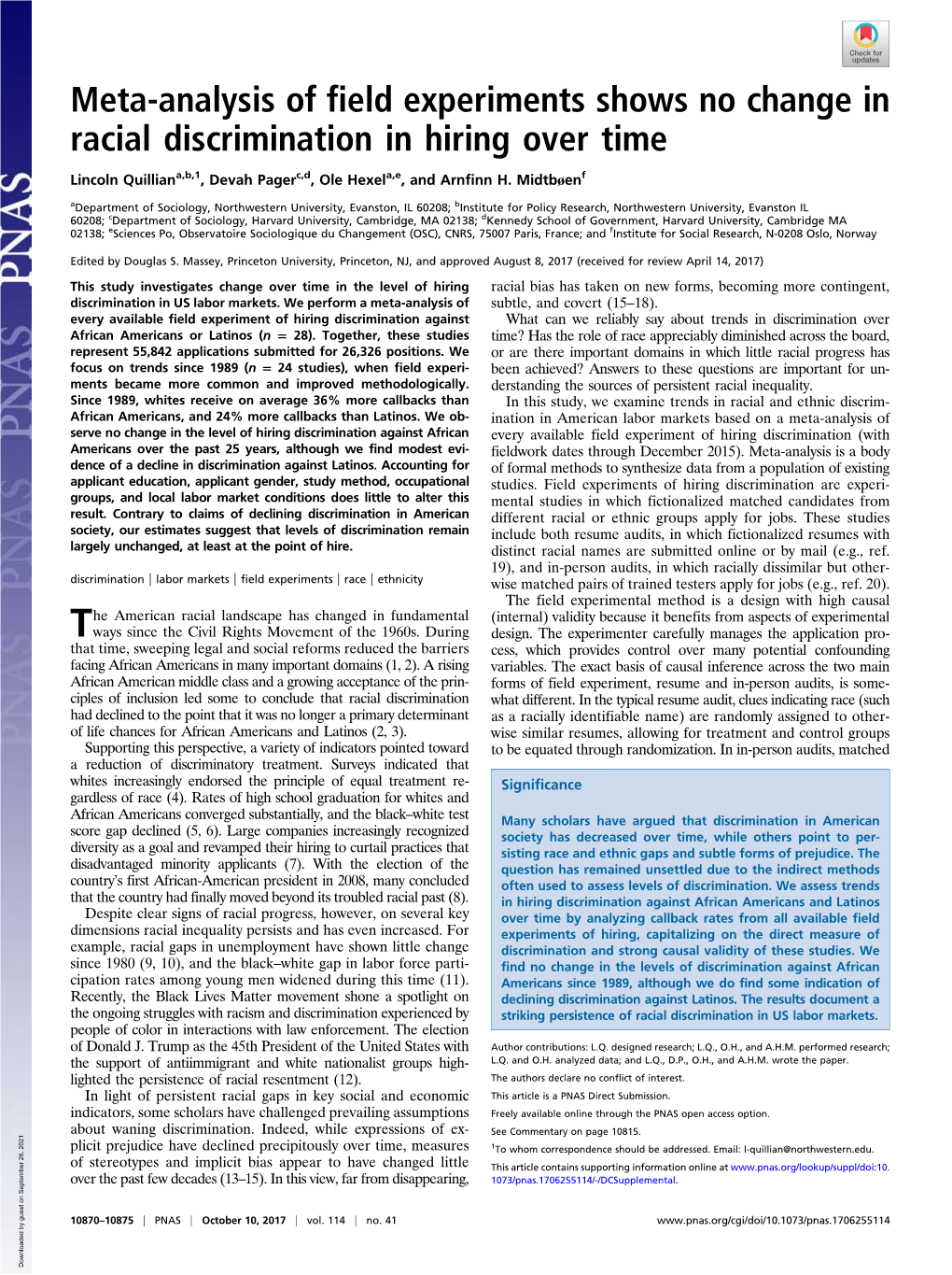 Meta-Analysis of Field Experiments Shows No Change in Racial Discrimination in Hiring Over Time