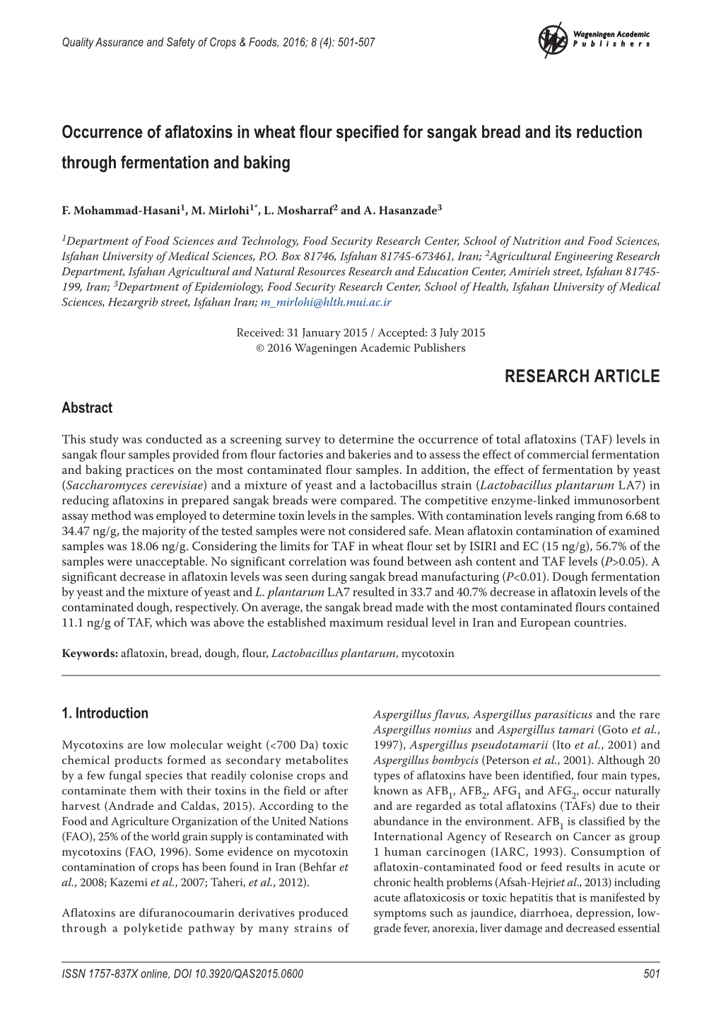 Occurrence of Aflatoxins in Wheat Flour Specified for Sangak Bread and Its Reduction Through Fermentation and Baking