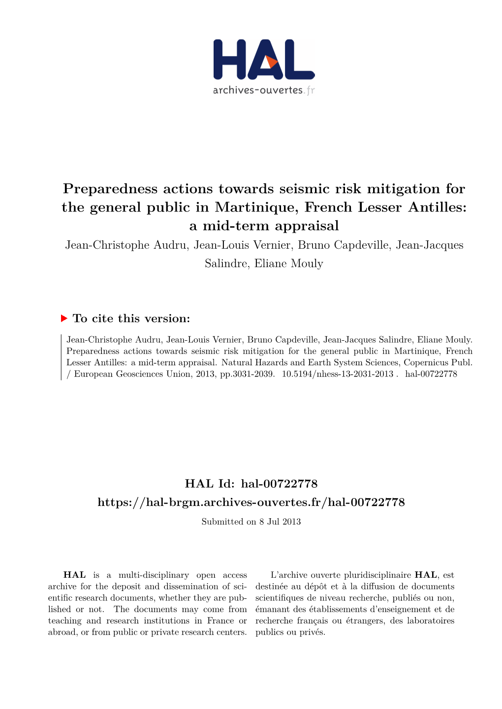 Preparedness Actions Towards Seismic Risk Mitigation for the General Public in Martinique, French Lesser Antilles