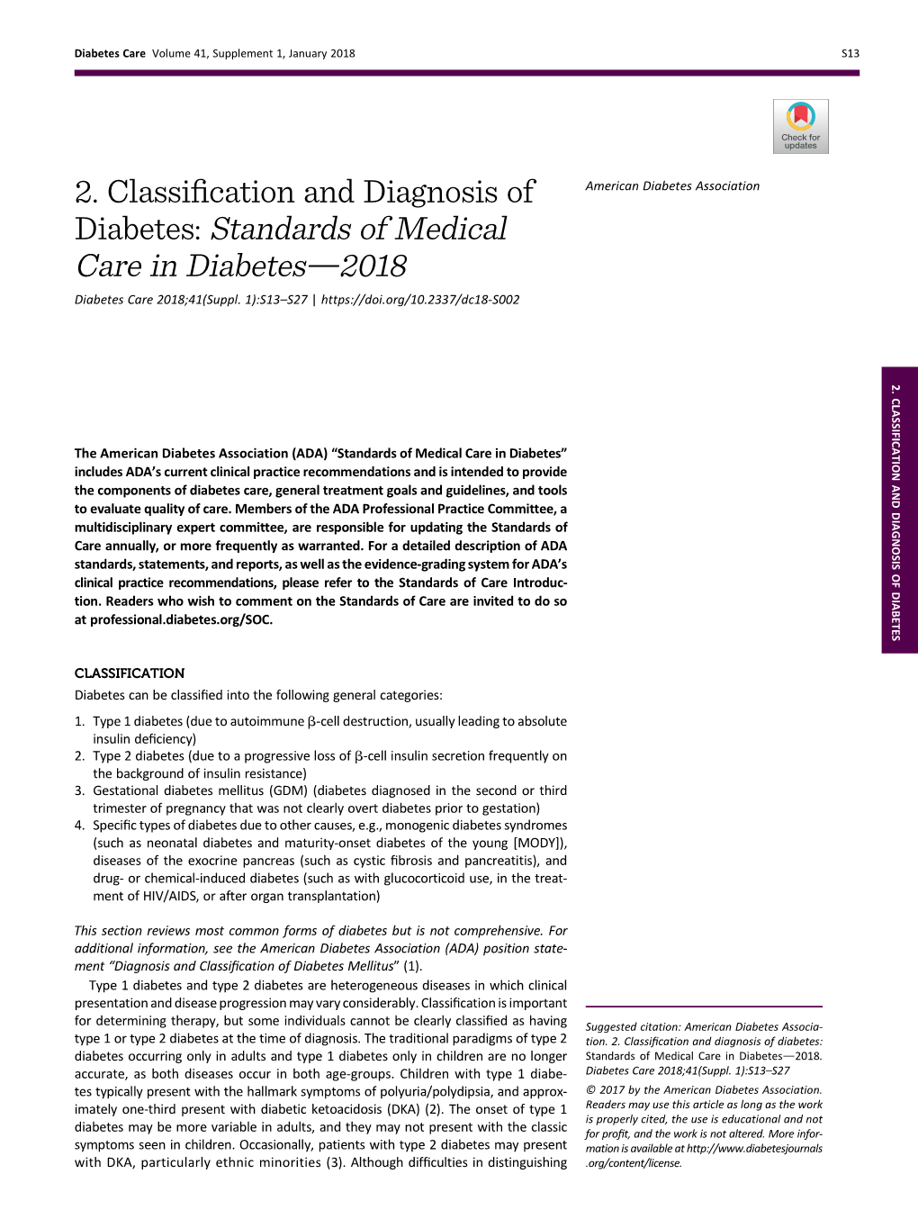 2. Classification and Diagnosis of Diabetes: Standards of Medical