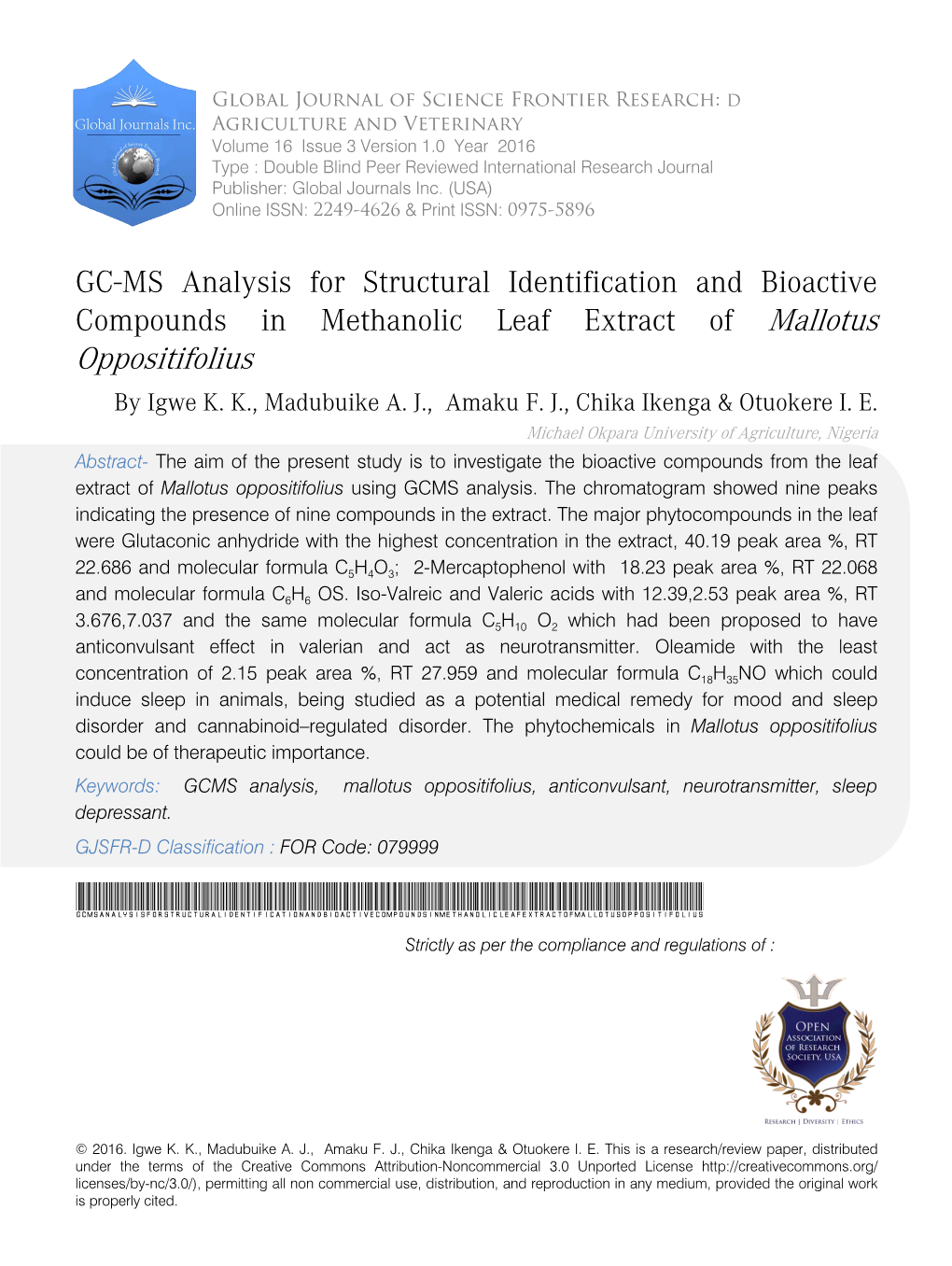 GC-MS Analysis for Structural Identification and Bioactive Compounds in Methanolic Leaf Extract of Mallotus Oppositifolius by Igwe K