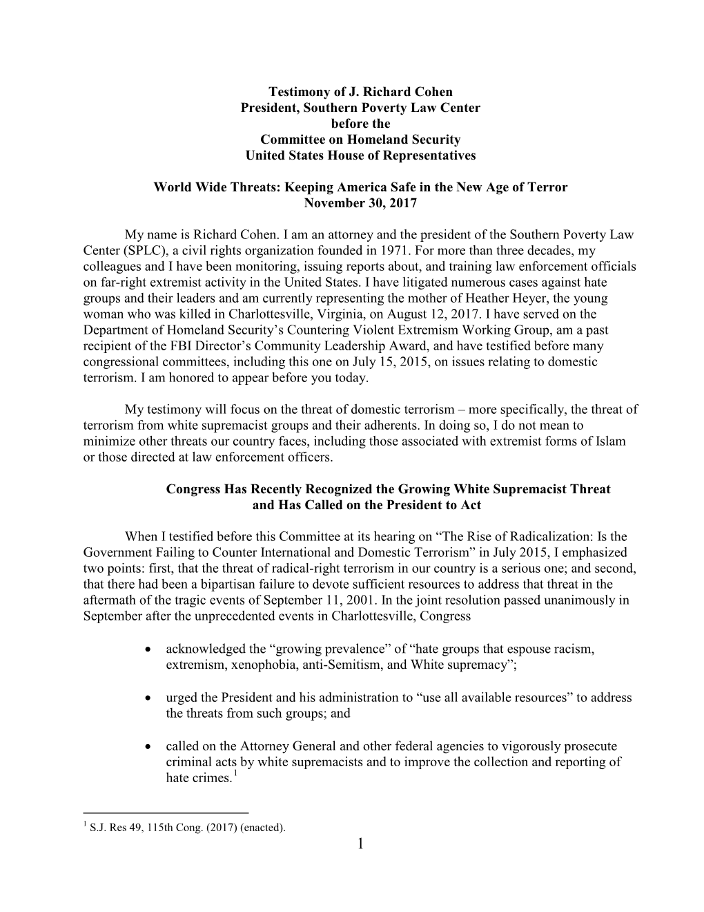 Testimony of J. Richard Cohen President, Southern Poverty Law Center Before the Committee on Homeland Security United States House of Representatives