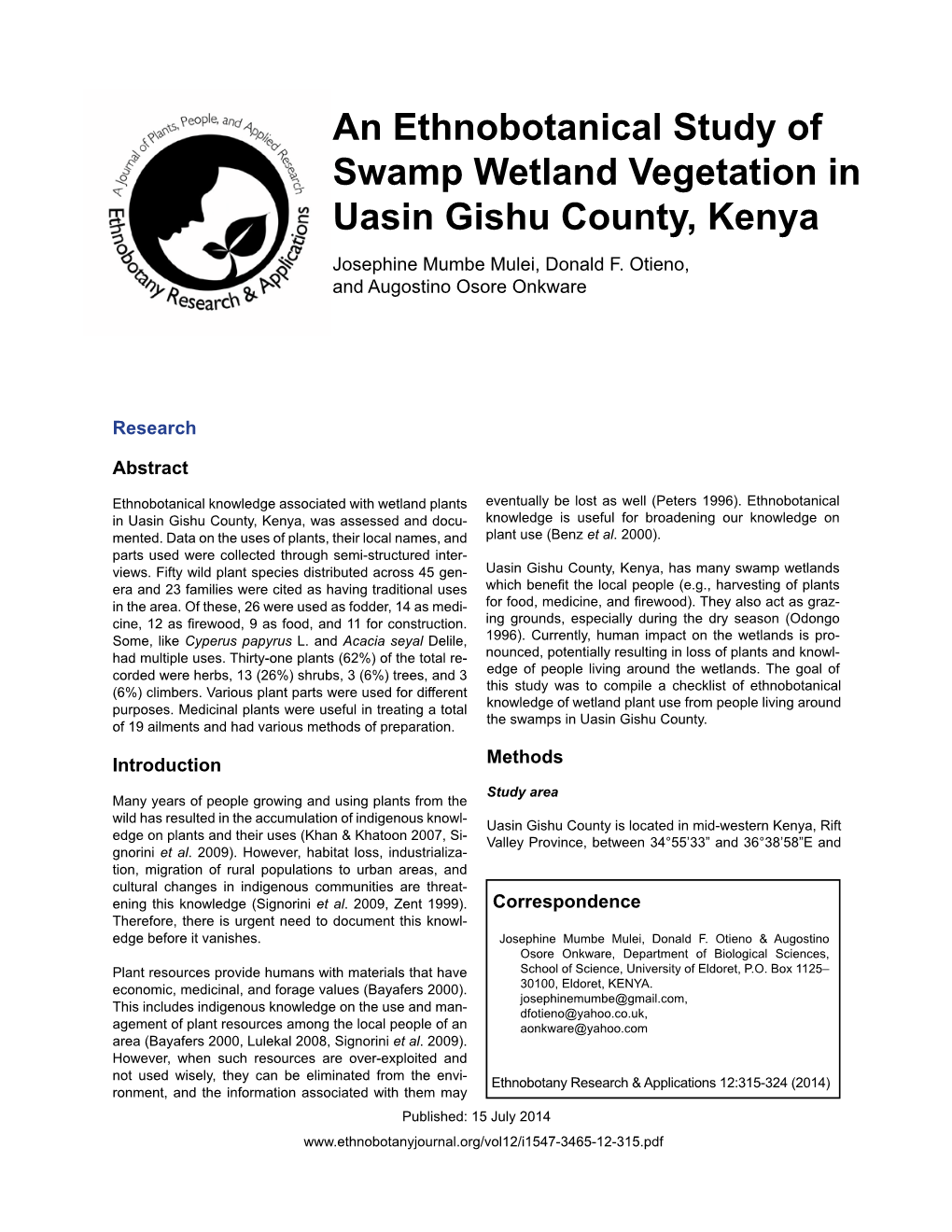 An Ethnobotanical Study of Swamp Wetland Vegetation in Uasin Gishu County, Kenya Josephine Mumbe Mulei, Donald F