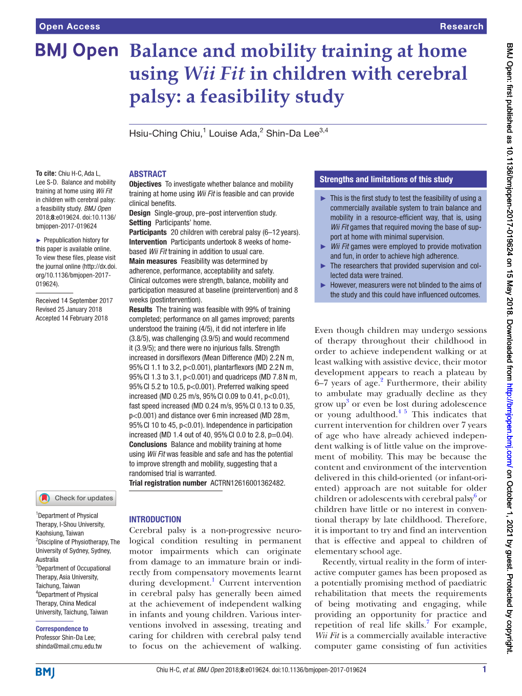 Balance and Mobility Training at Home Using Wii Fit in Children with Cerebral Palsy: a Feasibility Study