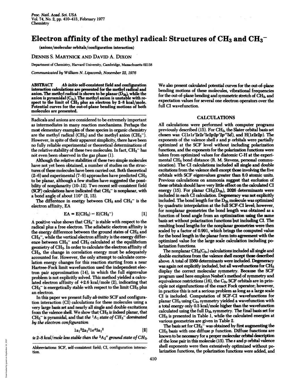 Electron Affinity of the Methyl Radical: Structures of CH3 and CH3- (Anions/Molecular Orbitals/Configuration Interaction) DENNIS S