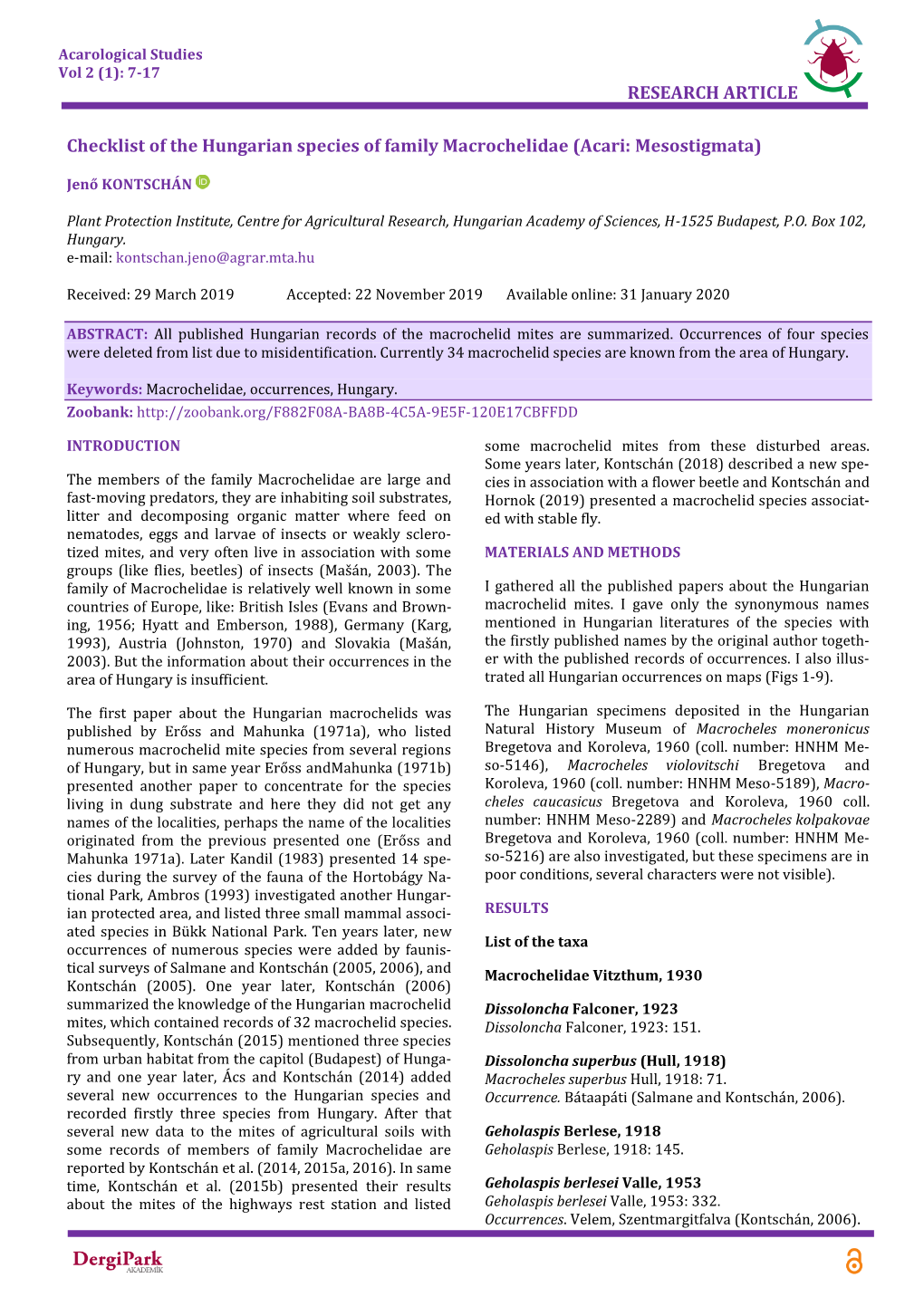 Checklist of the Hungarian Species of Family Macrochelidae (Acari: Mesostigmata)