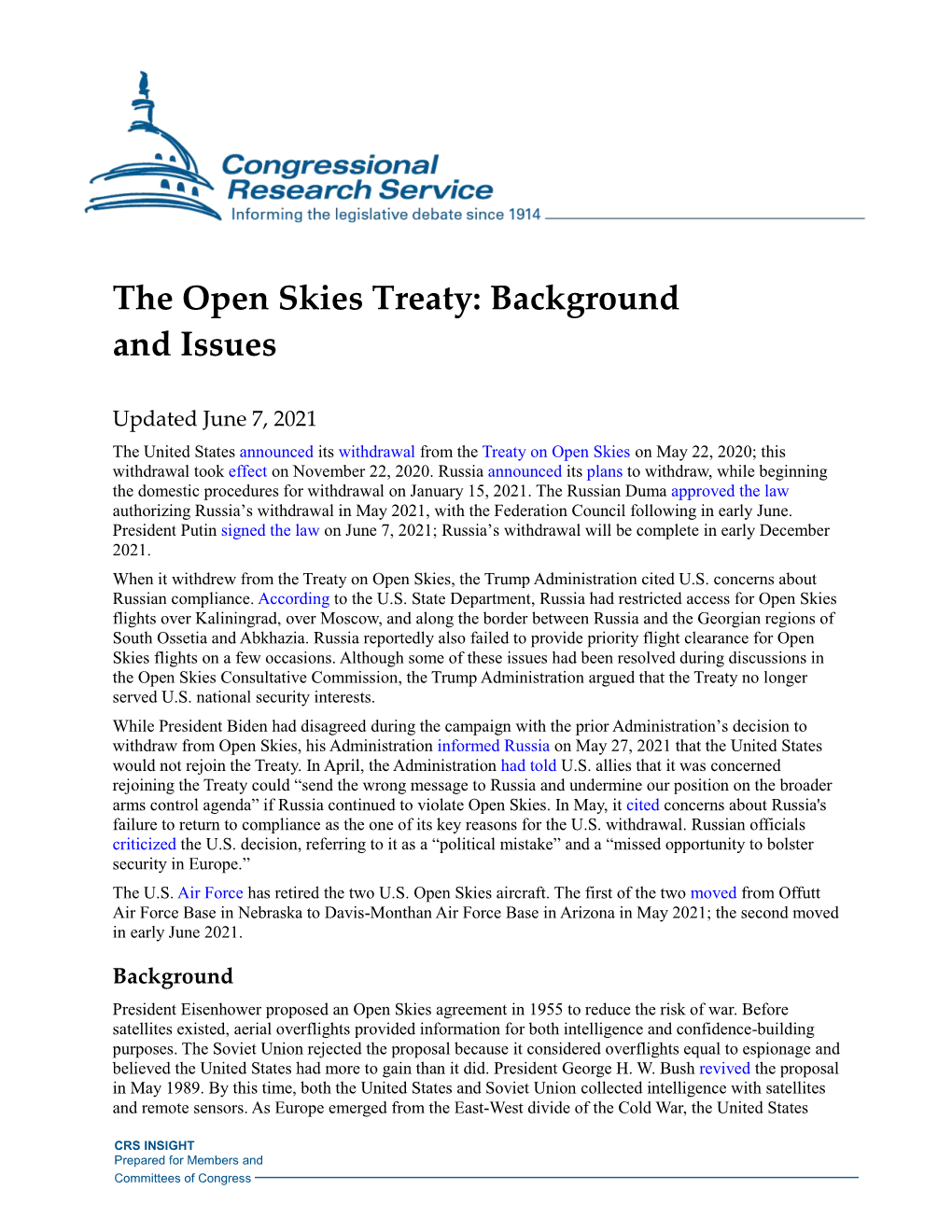 The Open Skies Treaty: Background and Issues