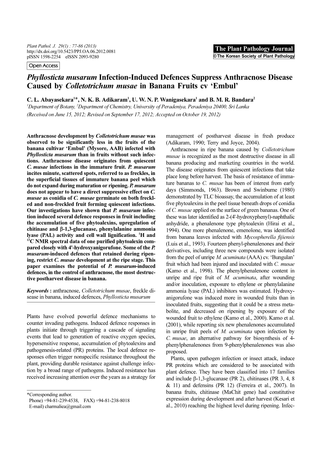 Phyllosticta Musarum Infection-Induced Defences Suppress Anthracnose Disease Caused by Colletotrichum Musae in Banana Fruits Cv ‘Embul’