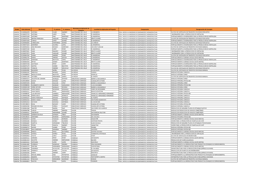 Estado Folio Solicitud Nombre(S) A. Paterno A. Materno Municipio De Aplicación De Proyecto Localidad De Aplicación De Proyecto