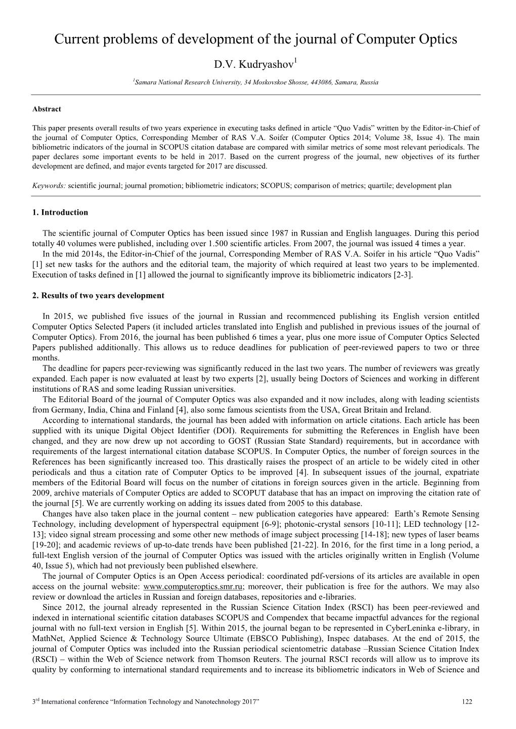 Current Problems of Development of the Journal of Computer Optics