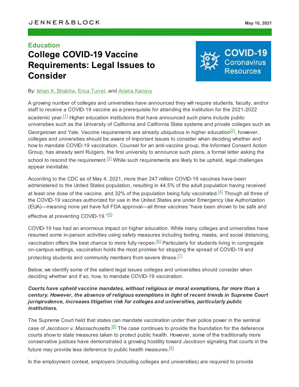 College COVID-19 Vaccine Requirements: Legal Issues to Consider