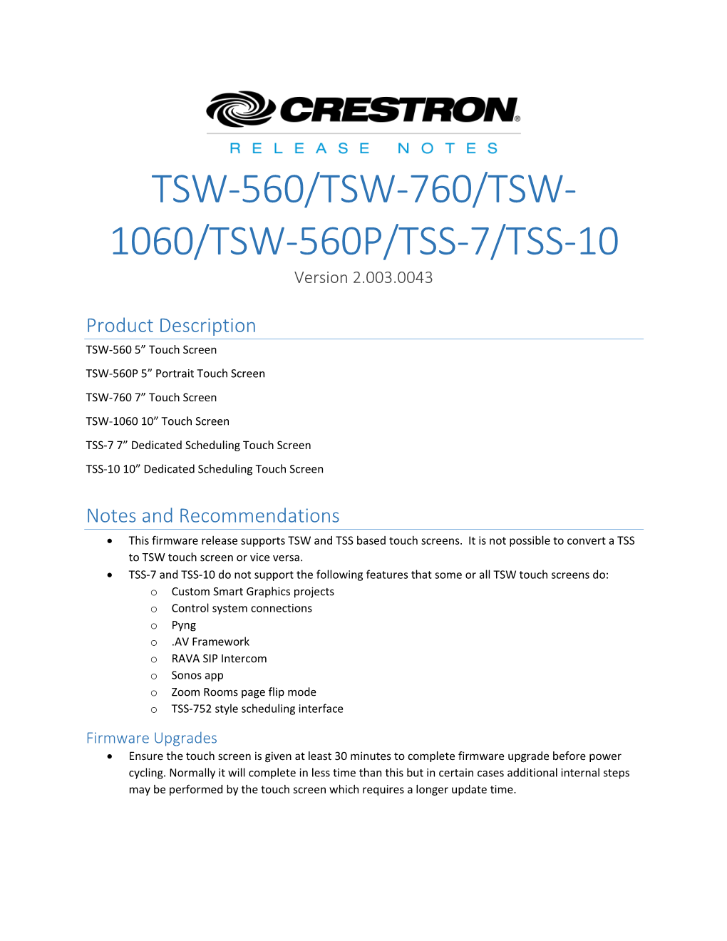 TSW-560/TSW-760/TSW- 1060/TSW-560P/TSS-7/TSS-10 Version 2.003.0043