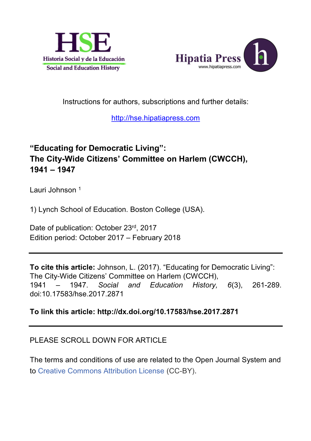 “Educating for Democratic Living”: the City-Wide Citizens' Committee on Harlem (CWCCH), 1941–1947