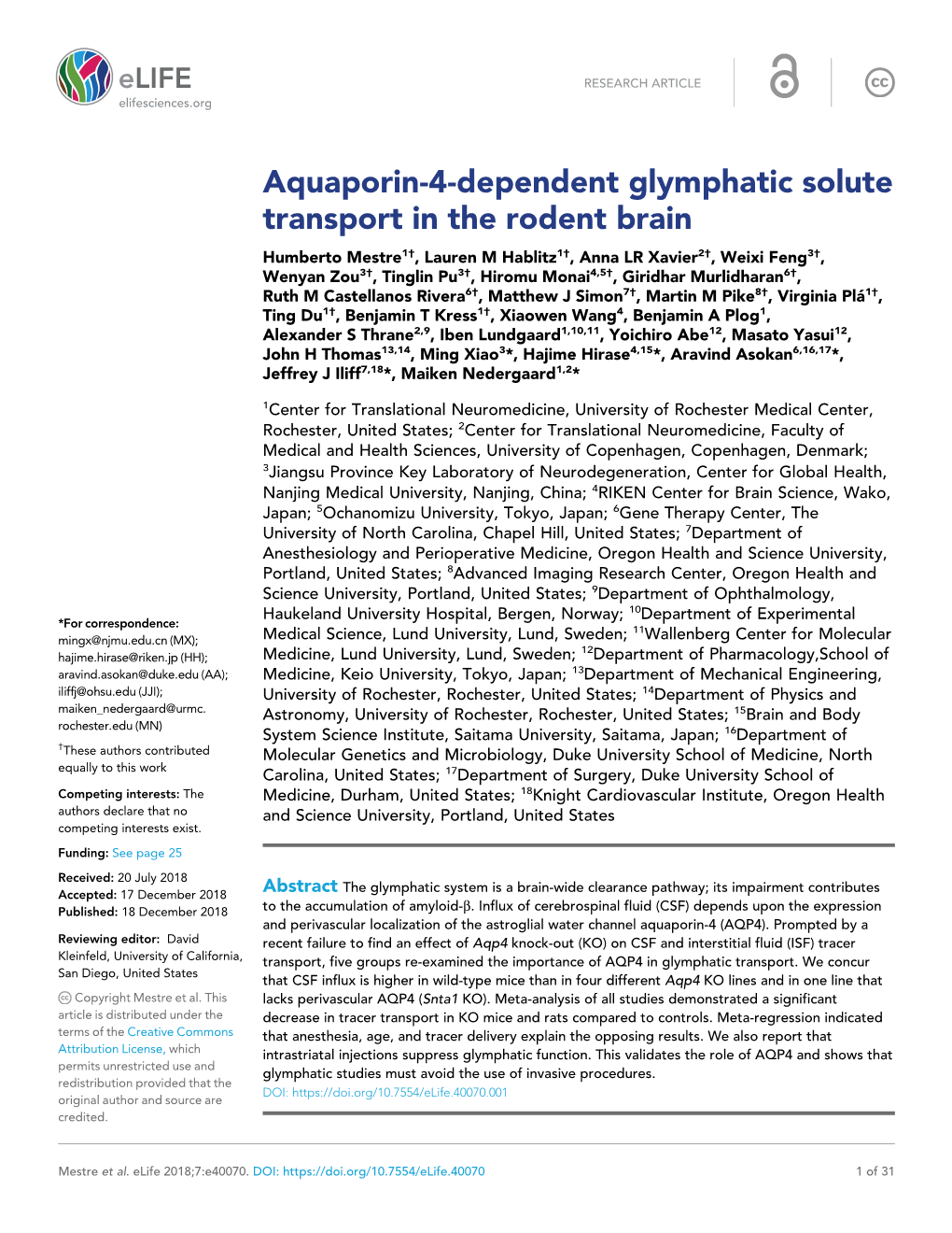 Aquaporin-4-Dependent Glymphatic Solute Transport in the Rodent Brain