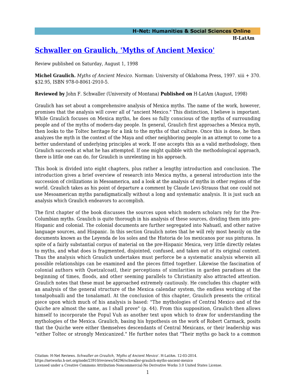 Schwaller on Graulich, 'Myths of Ancient Mexico'