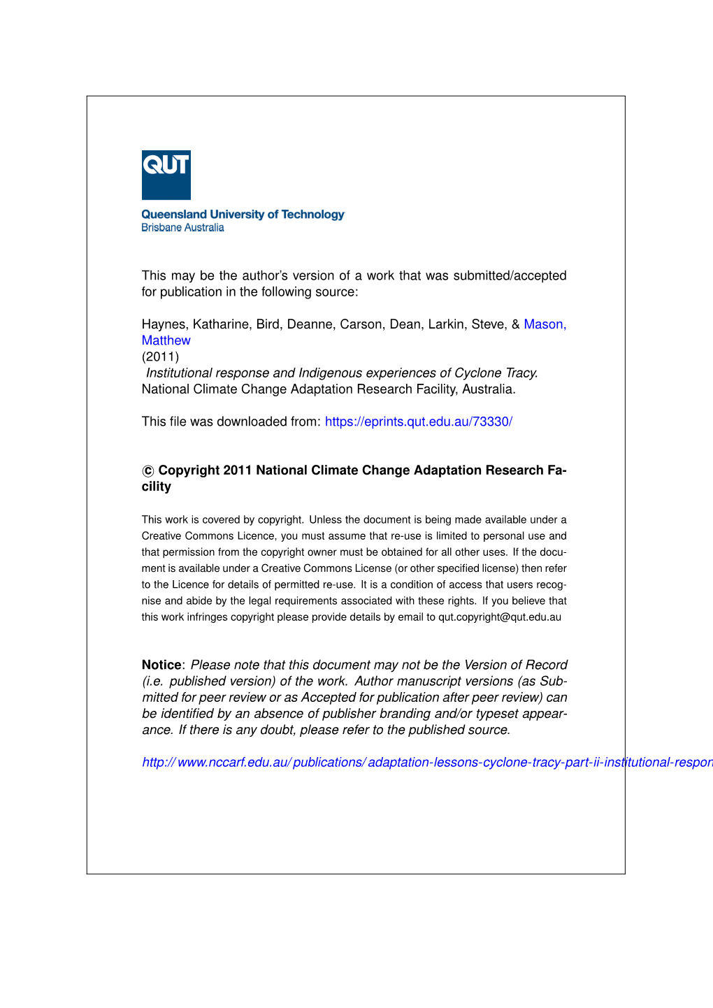 Institutional Response and Indigenous Experiences of Cyclone Tracy