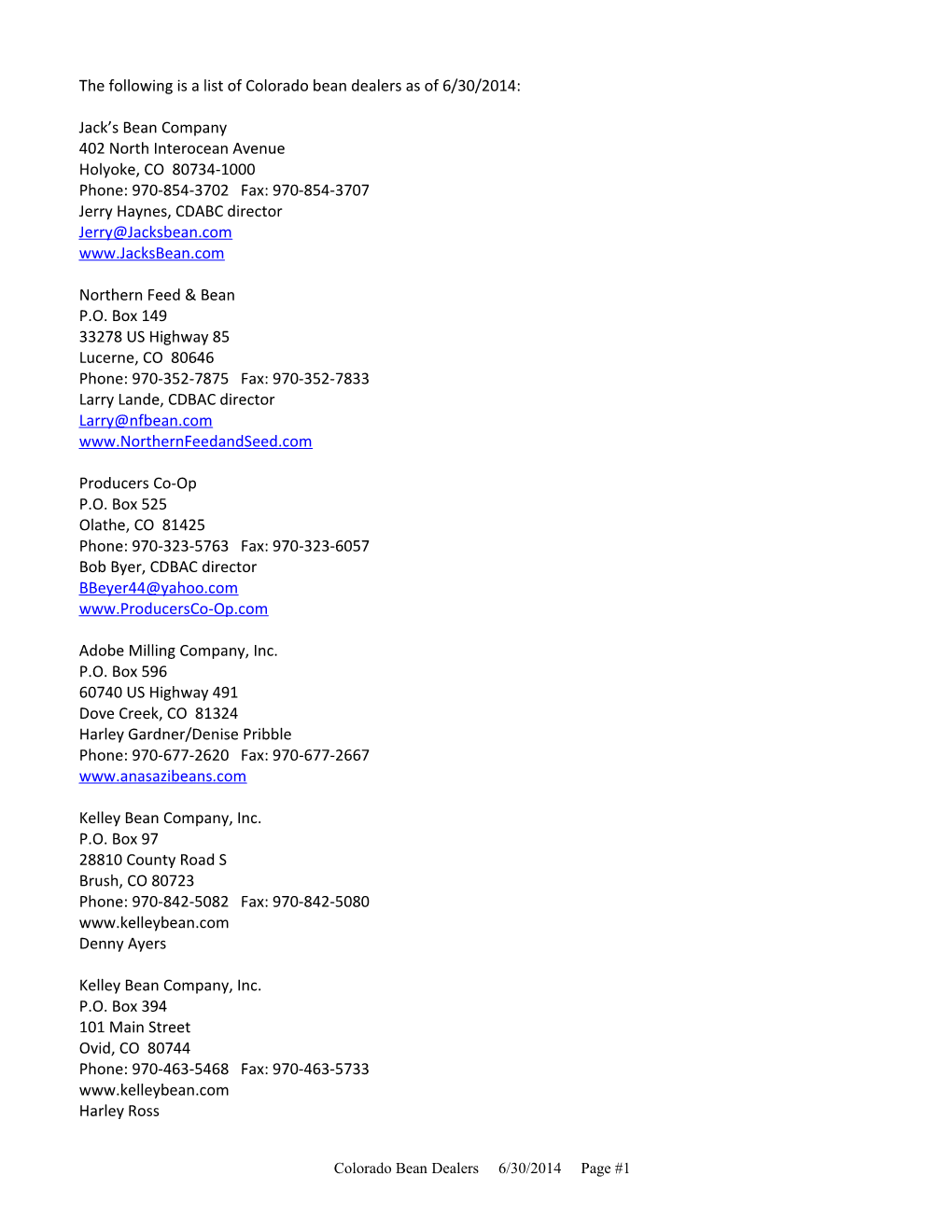 The Following Is a List of Colorado Bean Dealers As of 6/30/2014