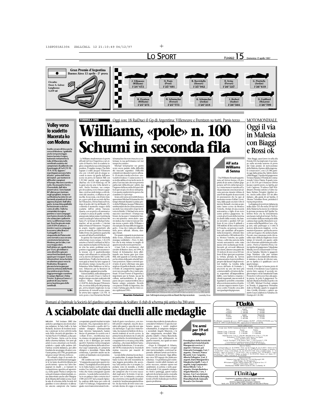 Williams, «Pole» N. 100 Schumi in Seconda Fila