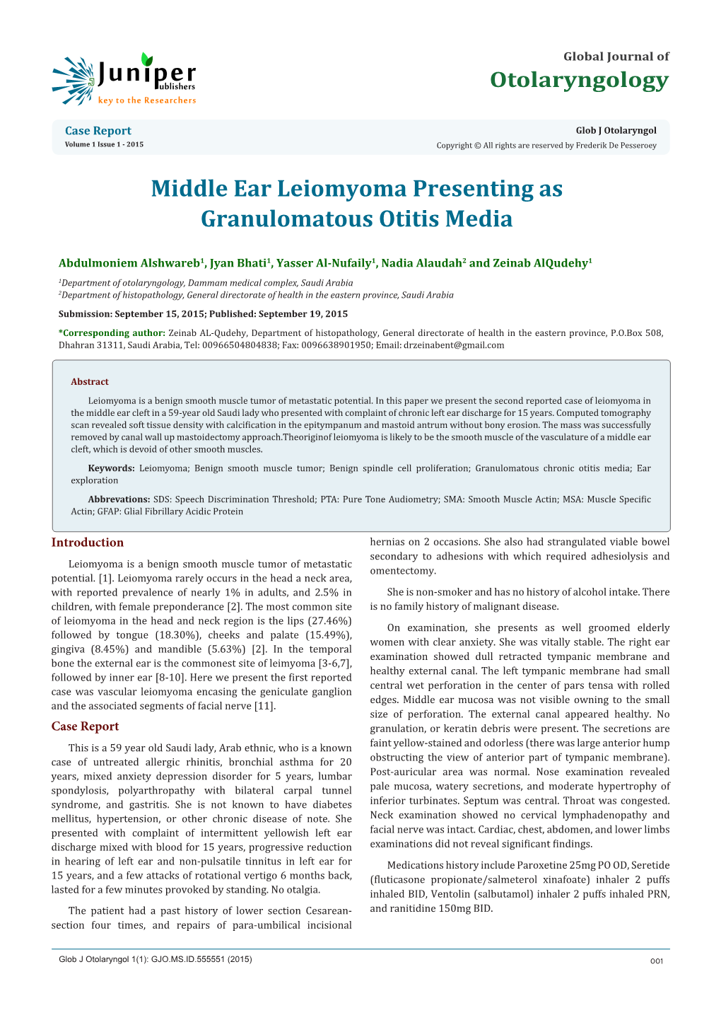 Middle Ear Leiomyoma Presenting As Granulomatous Otitis Media