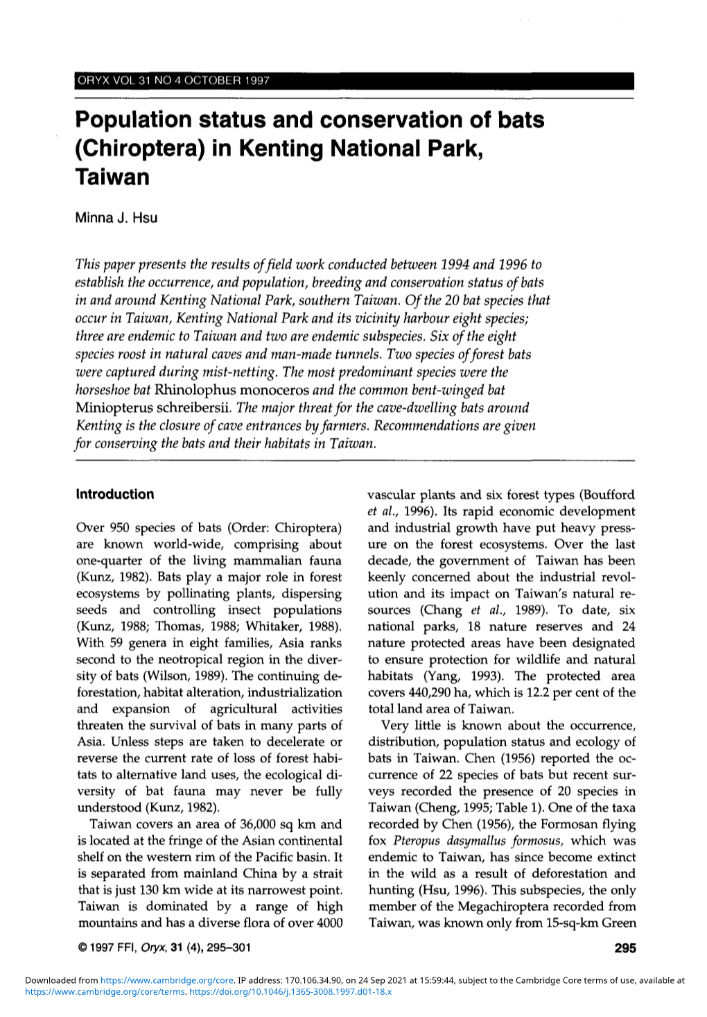 Population Status and Conservation of Bats (Chiroptera) in Kenting National Park, Taiwan