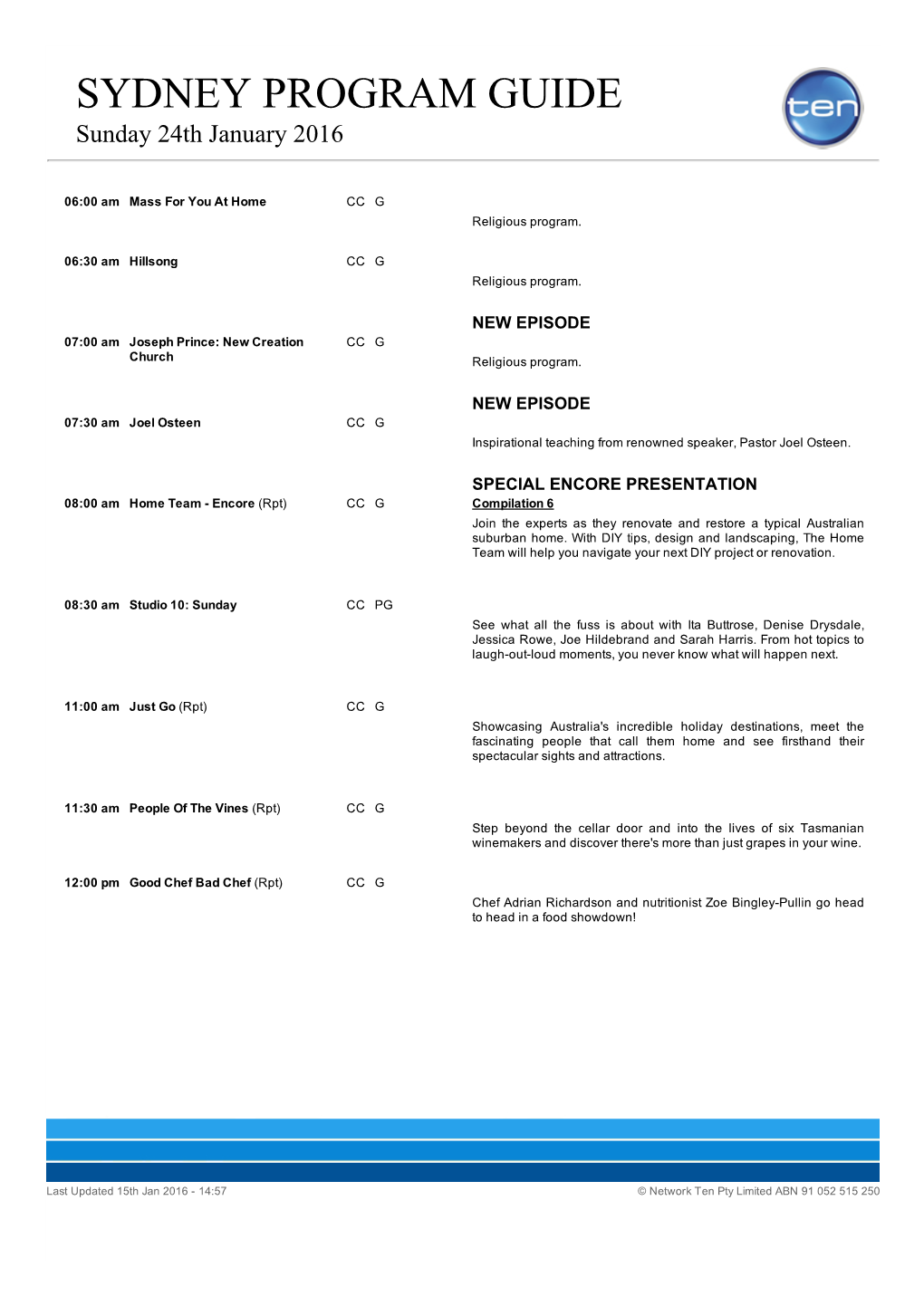 SYDNEY PROGRAM GUIDE Sunday 24Th January 2016