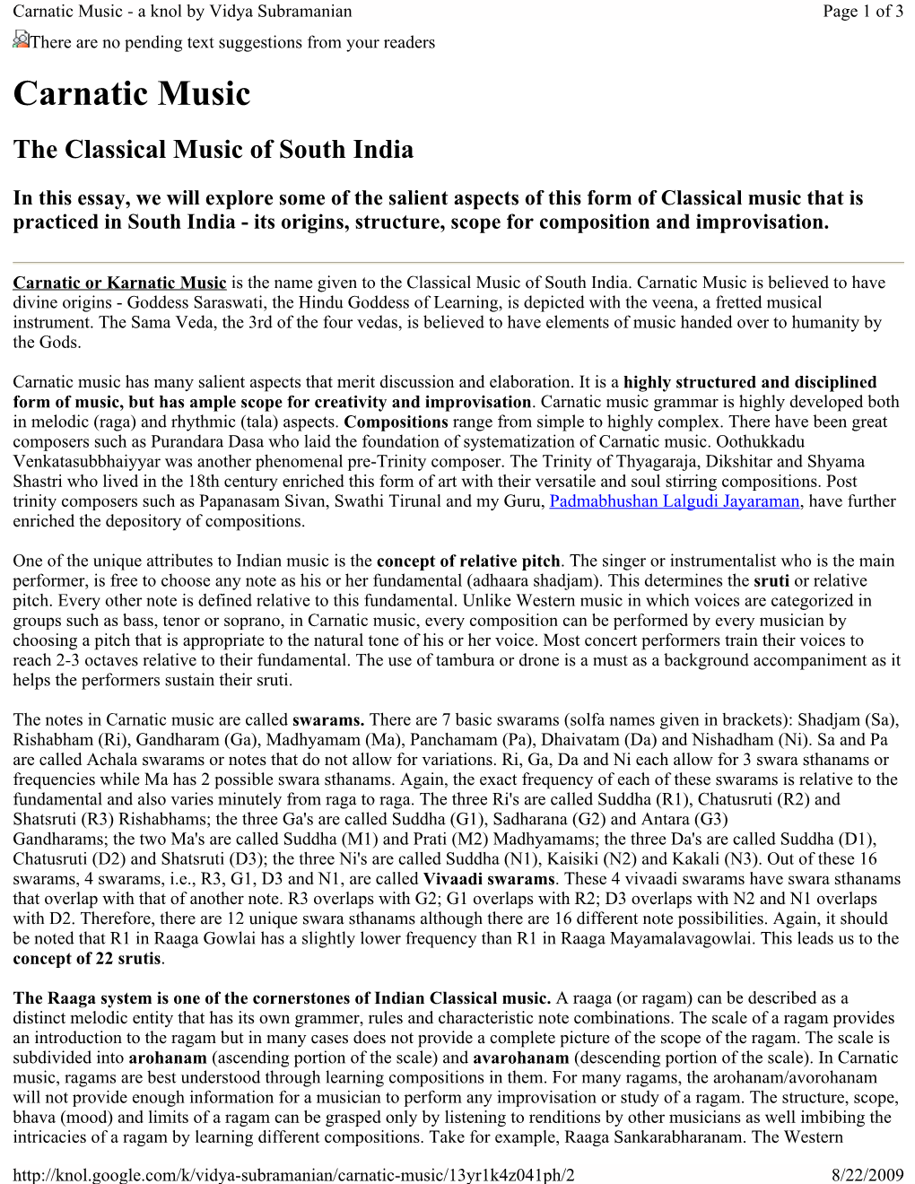 Carnatic Music - a Knol by Vidya Subramanian Page 1 of 3 There Are No Pending Text Suggestions from Your Readers Carnatic Music the Classical Music of South India