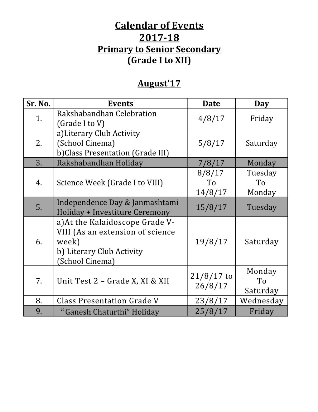 Calendar of Events s5