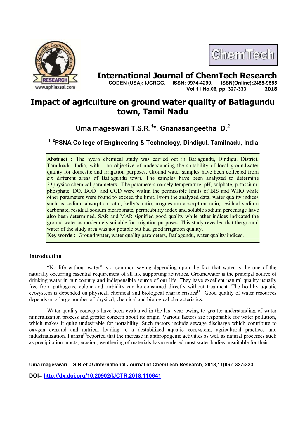 Impact of Agriculture on Ground Water Quality of Batlagundu Town, Tamil Nadu