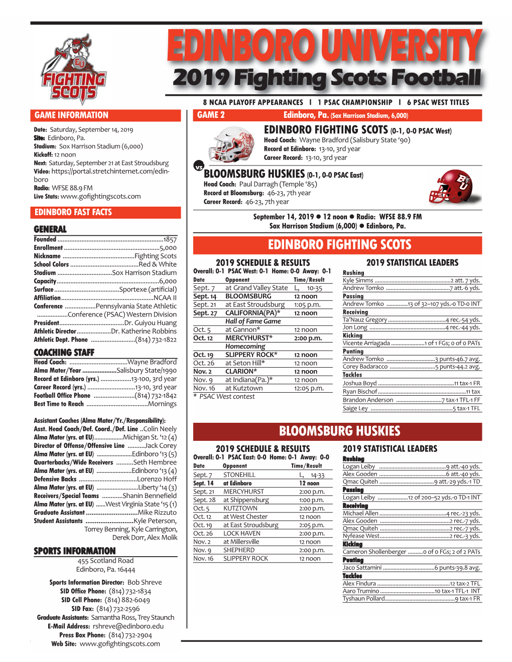 EDINBORO UNIVERSITY 2019 Fighting Scots Football 8 NCAA PLAYOFF APPEARANCES L 1 PSAC CHAMPIONSHIP L 6 PSAC WEST TITLES GAME INFORMATION GAME 2 Edinboro, Pa