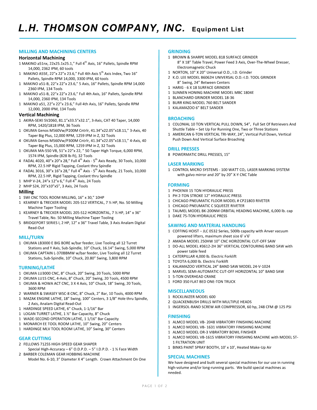 L.H. THOMSON COMPANY, INC. Equipment List