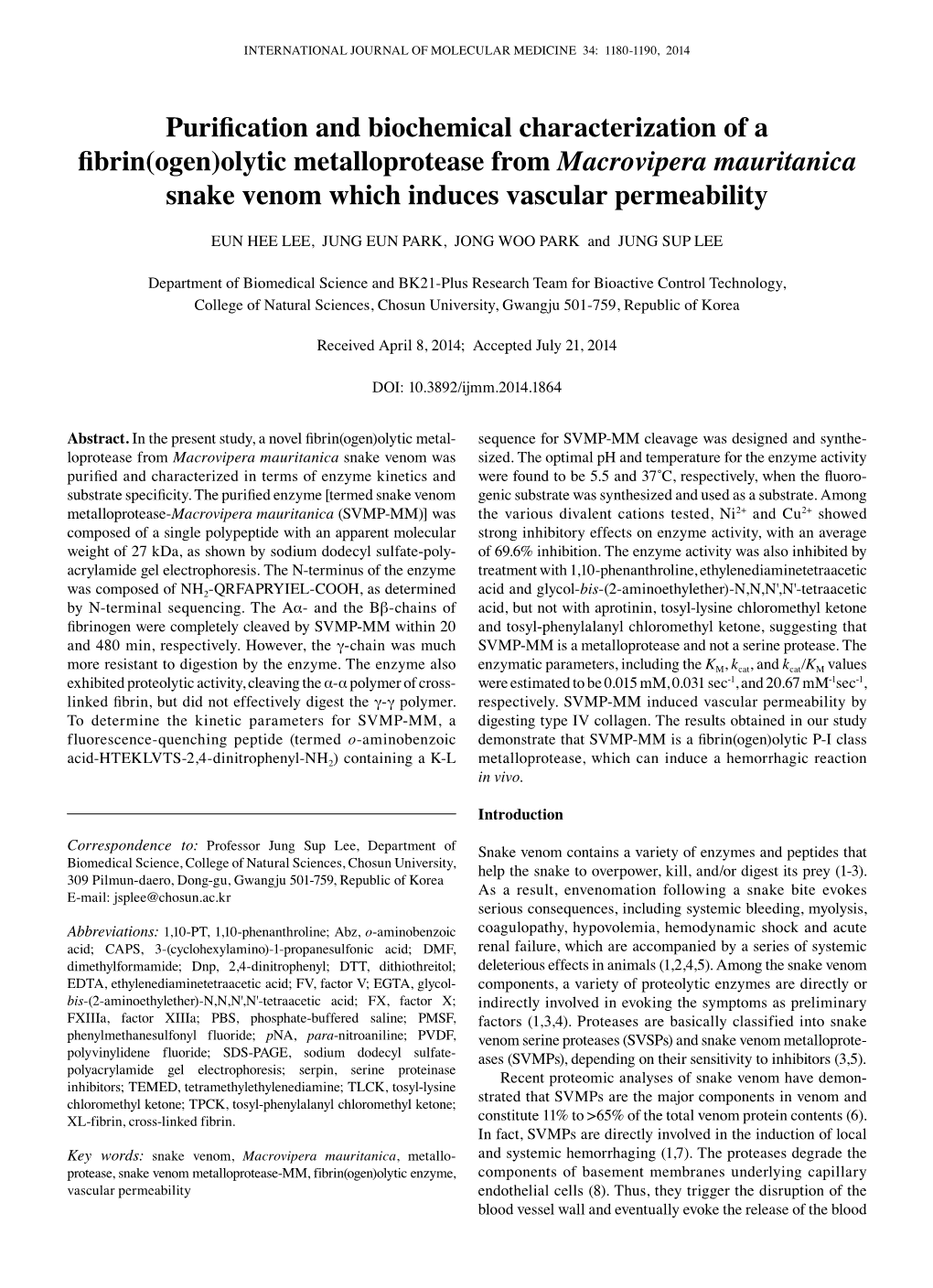 Olytic Metalloprotease from Macrovipera Mauritanica Snake Venom