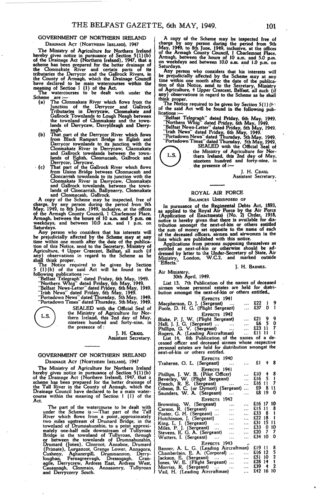 THE BELFAST GAZETTE, 6Th MAY, 1949. 101