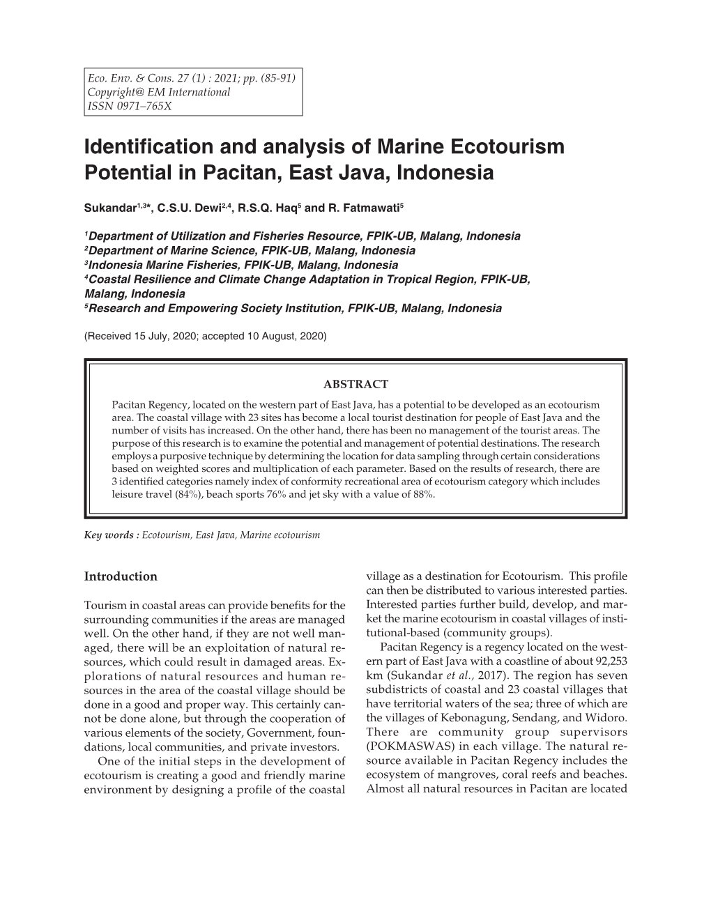 Identification and Analysis of Marine Ecotourism Potential in Pacitan, East Java, Indonesia