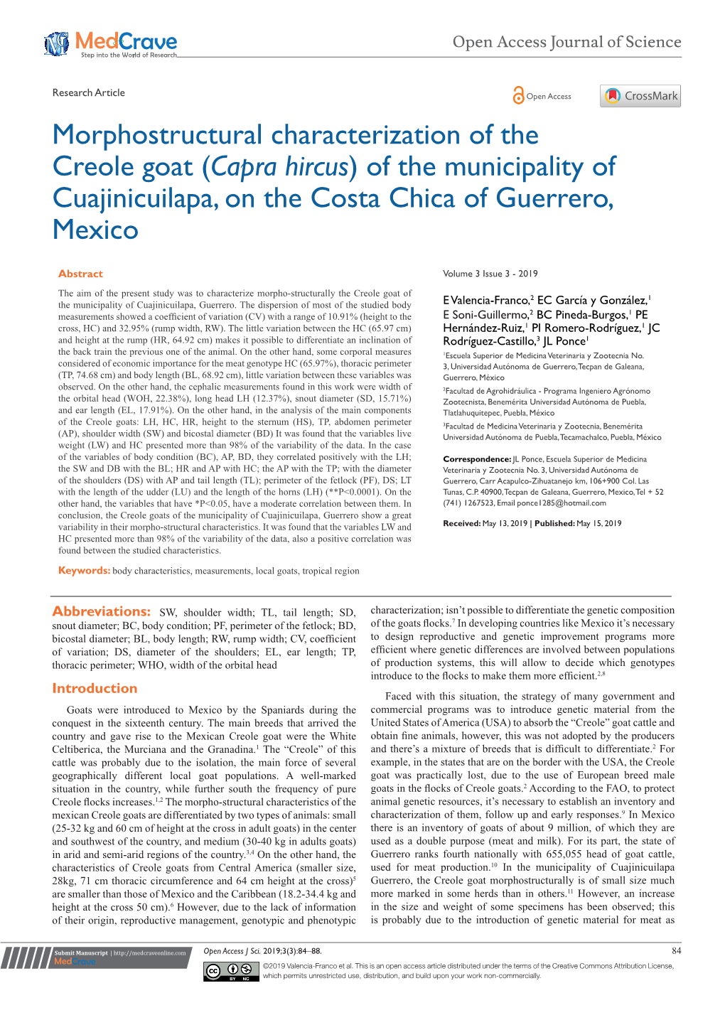 Morphostructural Characterization of the Creole Goat (Capra Hircus) of the Municipality of Cuajinicuilapa, on the Costa Chica of Guerrero, Mexico