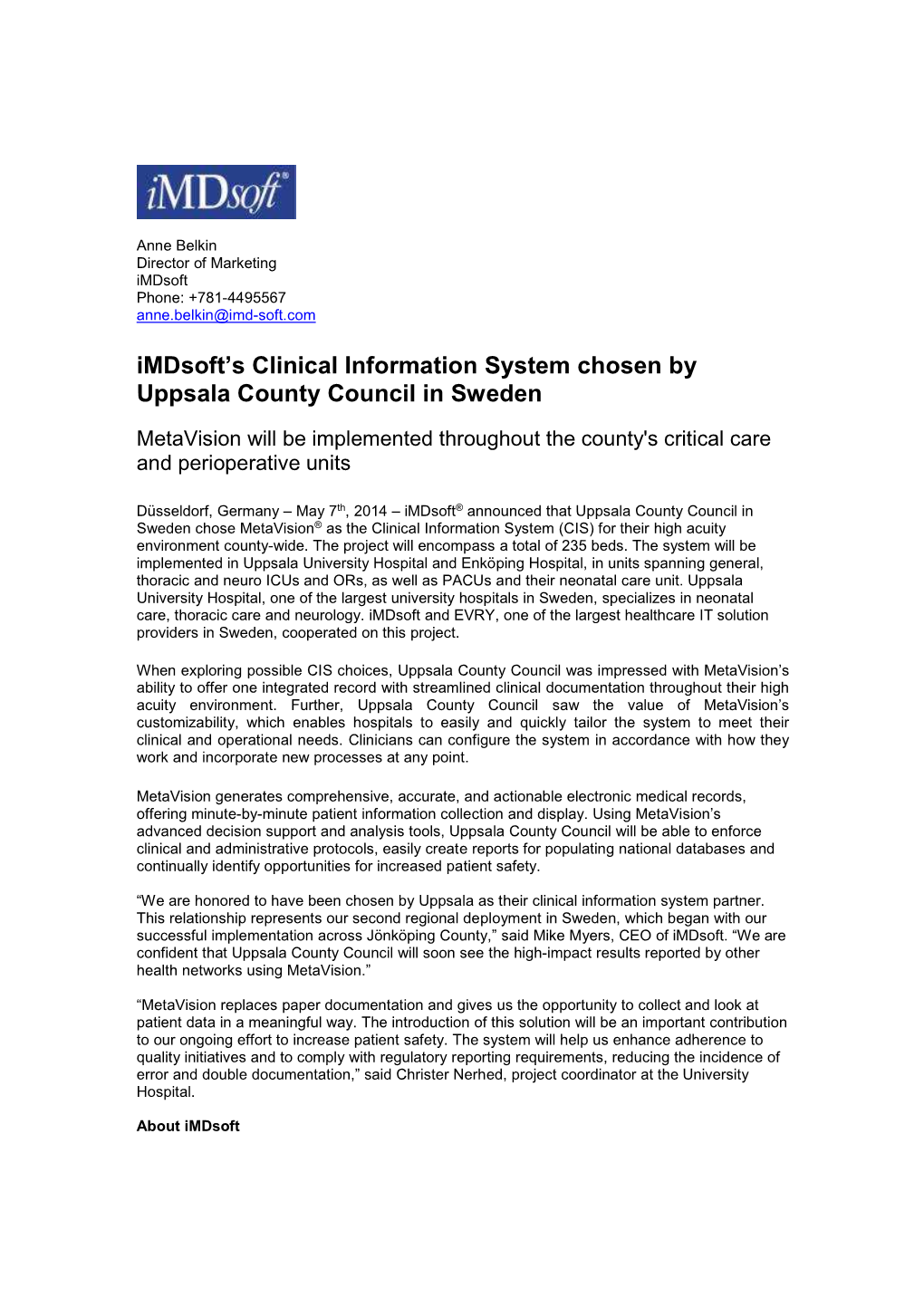 Imdsoft's Clinical Information System Chosen by Uppsala County Council