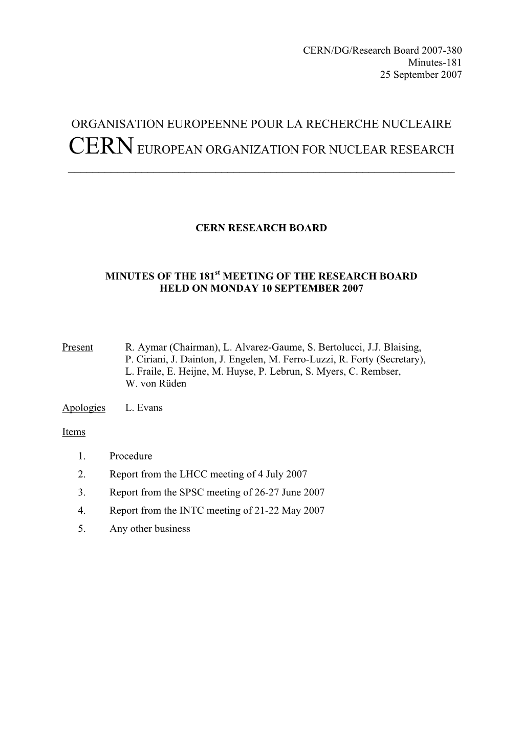 Organisation Europeenne Pour La Recherche Nucleaire Cern European Organization for Nuclear Research ______