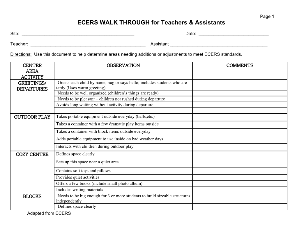 ECERS WALK THROUGH for Teachers & Assistants