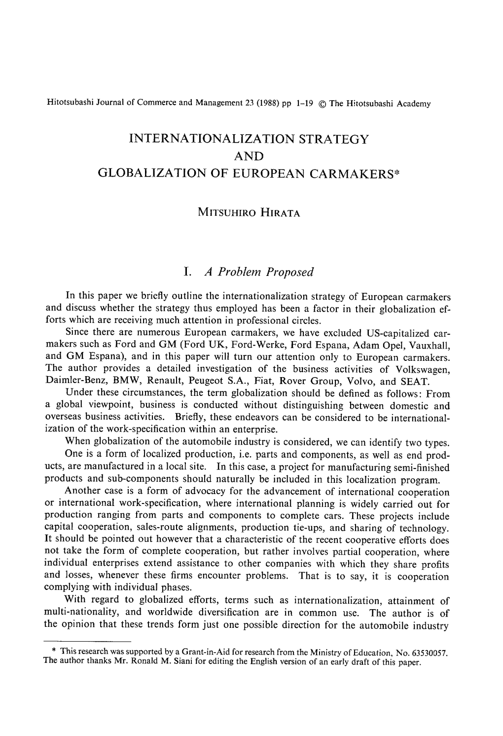 INTERNATIONALIZATION STRATEGY and GLOBALIZATION of EUROPEAI~L CARMAKERS*