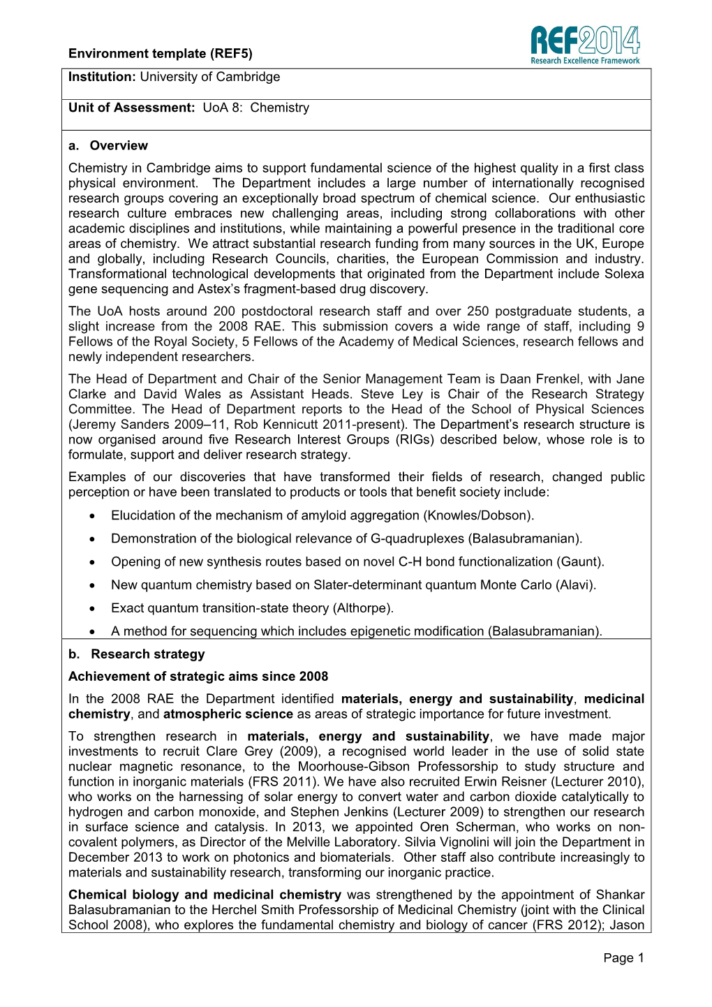 Environment Template (REF5) Page 1 Institution: University of Cambridge