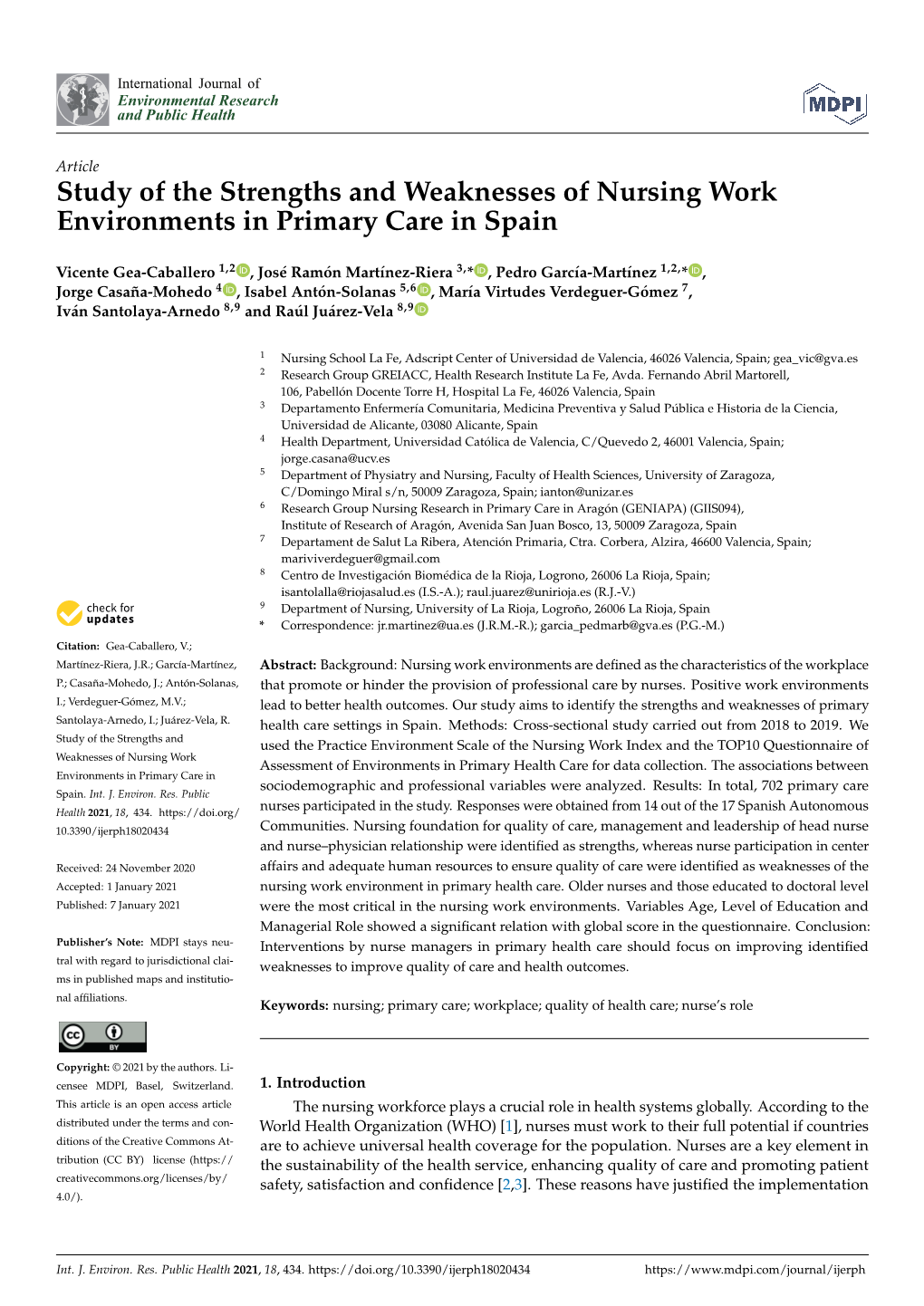 Study of the Strengths and Weaknesses of Nursing Work Environments in Primary Care in Spain