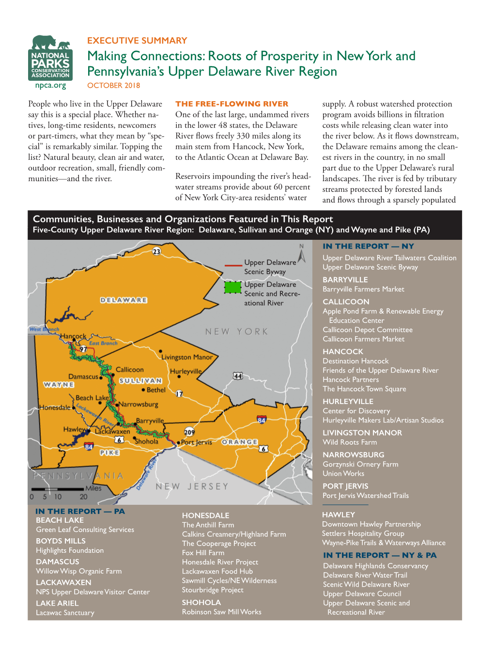 EXECUTIVE SUMMARY Making Connections: Roots of Prosperity in New York and Pennsylvania’S Upper Delaware River Region Npca.Org OCTOBER 2018