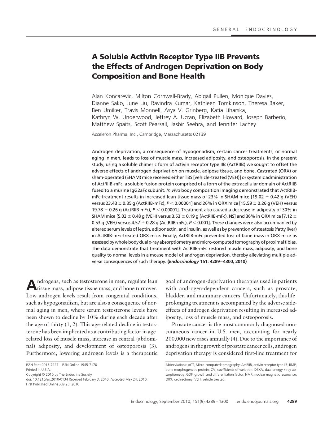 A Soluble Activin Receptor Type IIB Prevents the Effects of Androgen Deprivation on Body Composition and Bone Health
