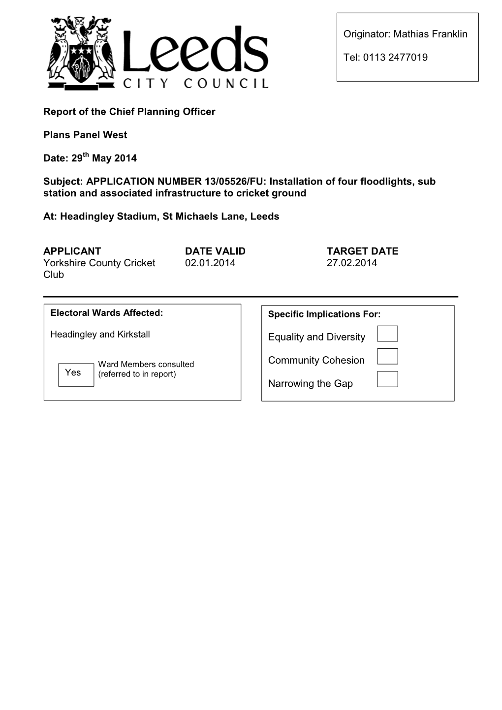 Report of the Chief Planning Officer Plans Panel West Date