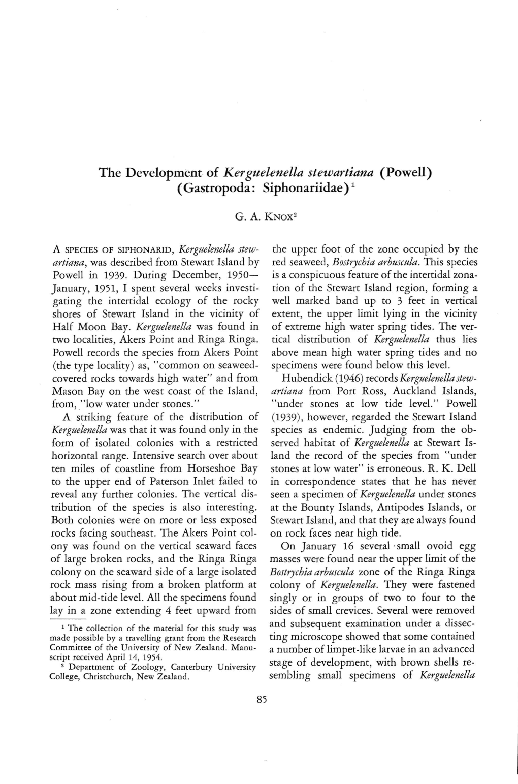 The Development of Kerguelenella Stewartiana (Powell) (Gastropoda: Siphonariidae) 1