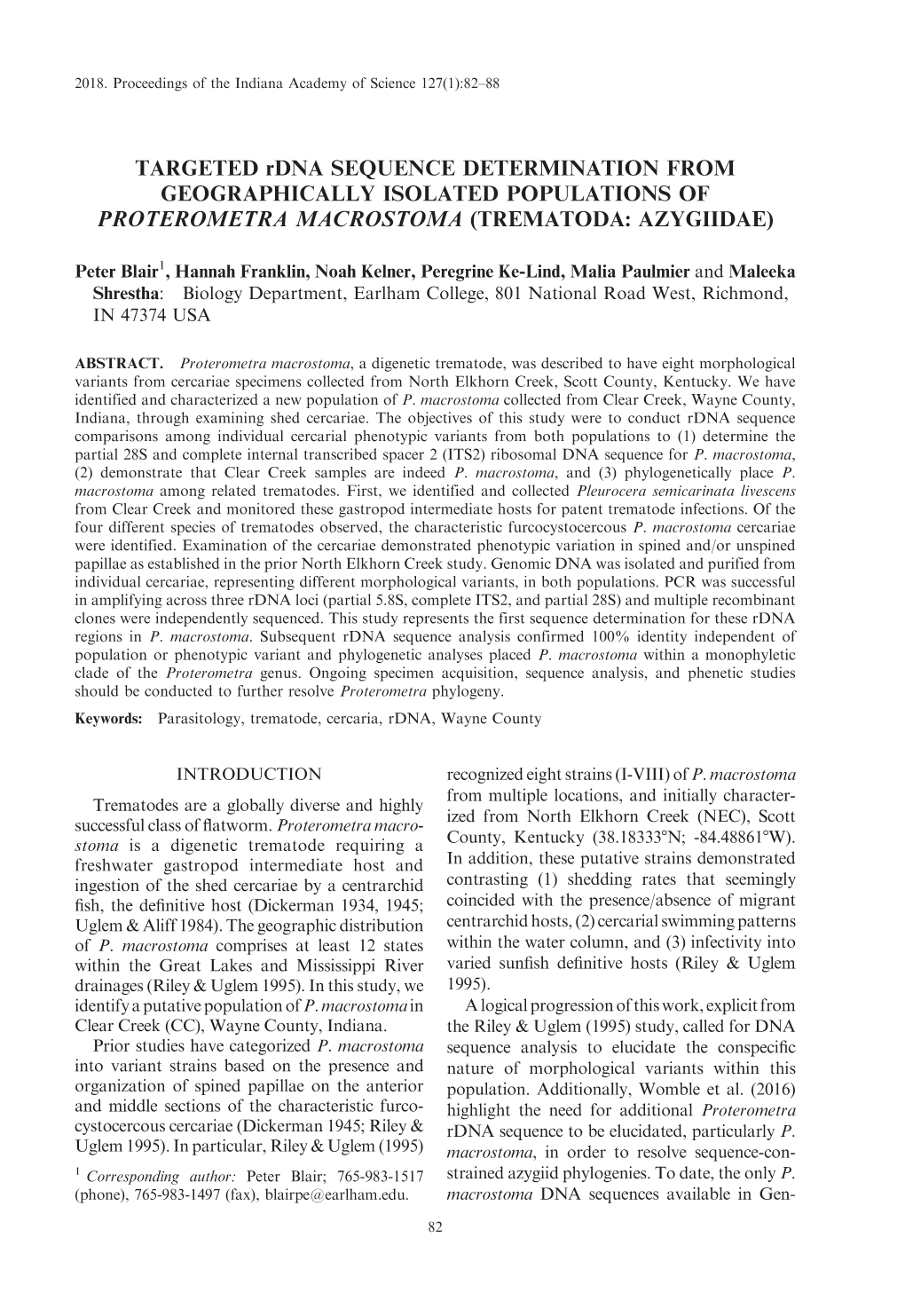 TARGETED Rdna SEQUENCE DETERMINATION from GEOGRAPHICALLY ISOLATED POPULATIONS of PROTEROMETRA MACROSTOMA (TREMATODA: AZYGIIDAE)