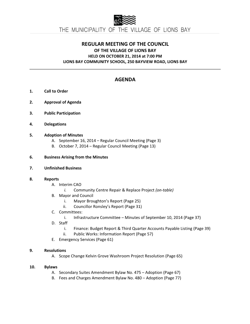 Regular Meeting of the Council Agenda