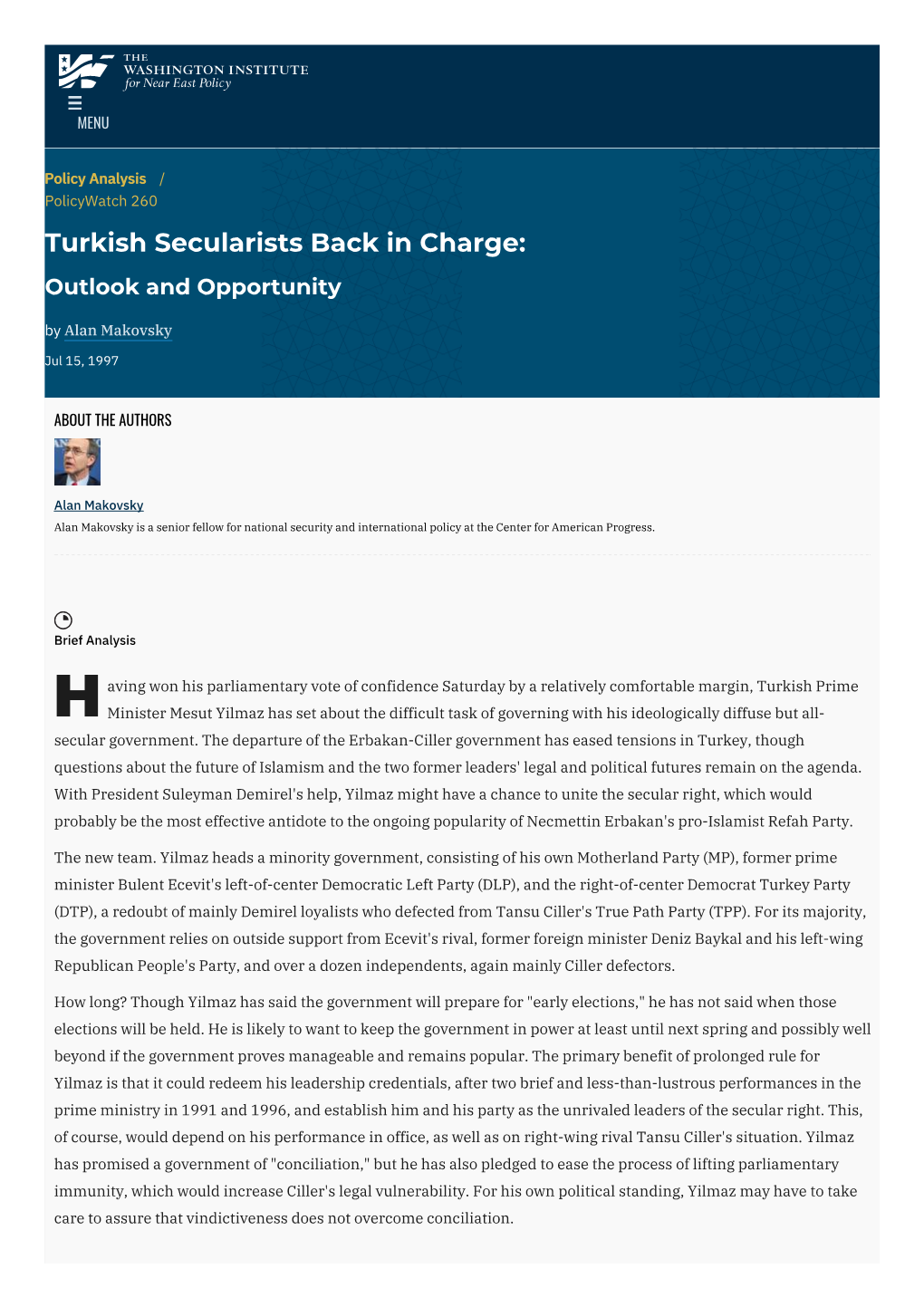 Turkish Secularists Back in Charge: Outlook and Opportunity by Alan Makovsky