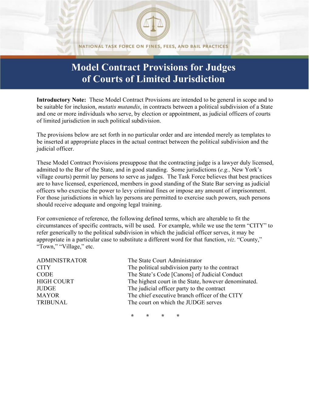 Model Contract Provisions for Judges of Courts of Limited Jurisdiction